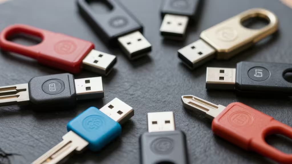 Colorful plastic and metal FIDO2 security keys scattered across a dark slate surface.