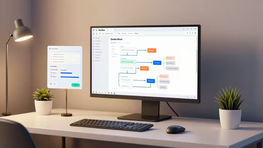 Un bureau moderne avec un écran affichant un schéma de base de données, entouré de plantes et d'une lampe d'ambiance.