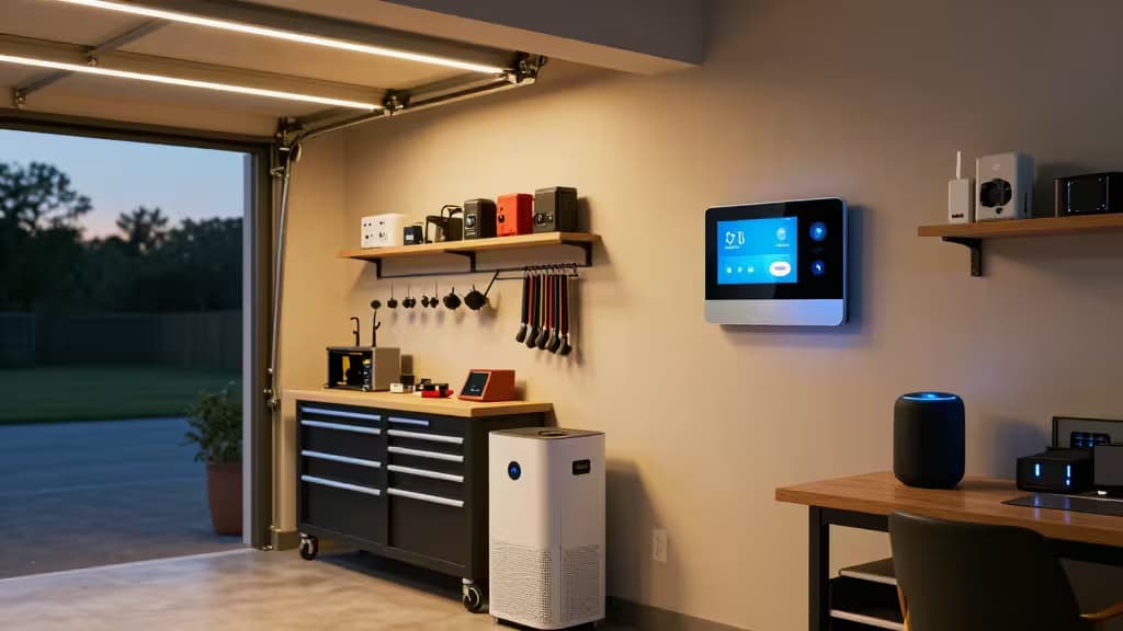 A modern garage workshop interior with smart home devices, warm overhead lighting, organized tool walls, and glowing blue indicator lights on smart gadgets.
