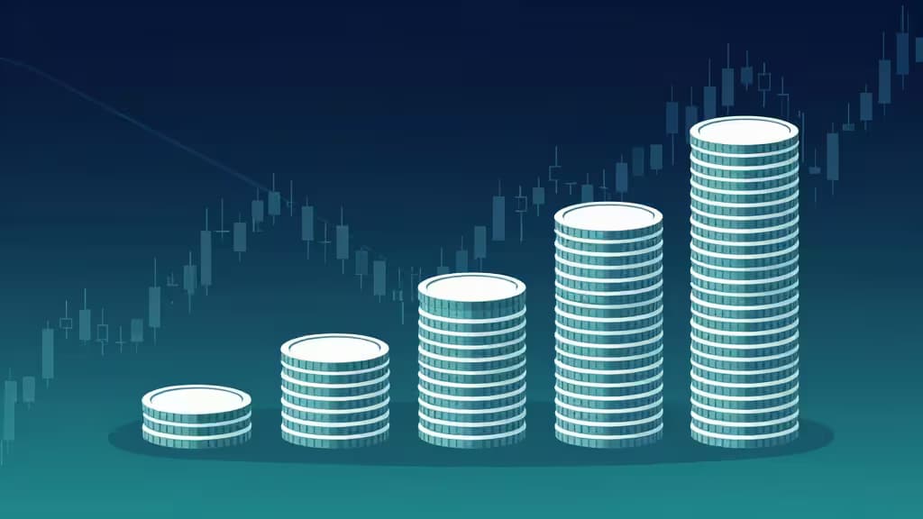 Illustration abstraite de piles de pièces crypto croissant régulièrement au-dessus d'un graphique bougie, symbolisant le dollar-cost averaging