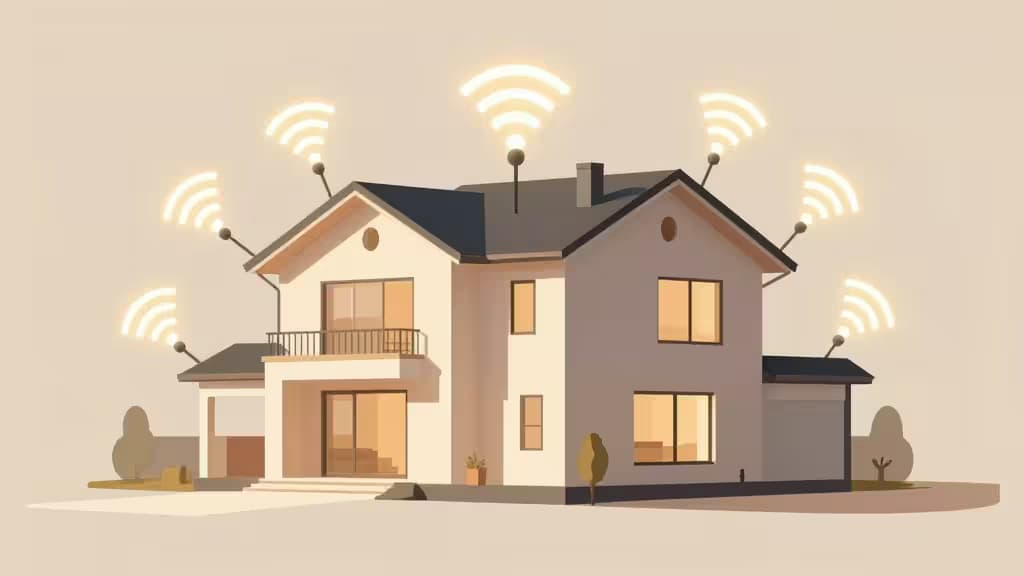 Glowing mesh WiFi nodes surround a large, modern two-story house with warm interior lights and a dark roof.