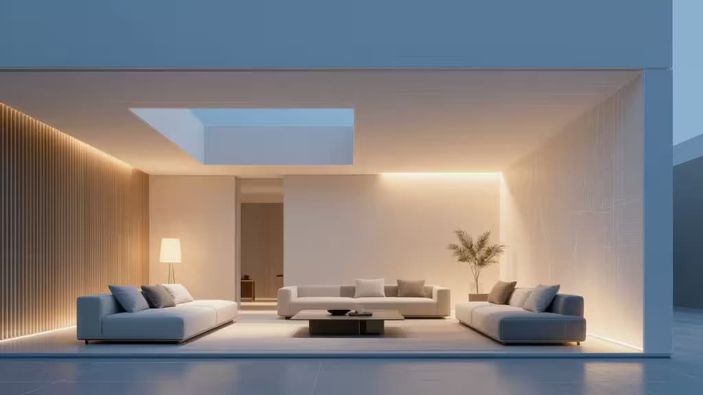 Salon minimaliste aux lignes épurées, matériaux naturels et éclairage doux, illustrant la précision de l'IA en design d'intérieur.