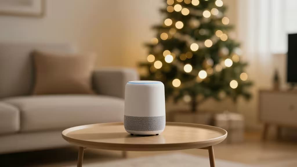 A white smart speaker with a blue light sits on a wooden table, with a softly lit Christmas tree in the background.