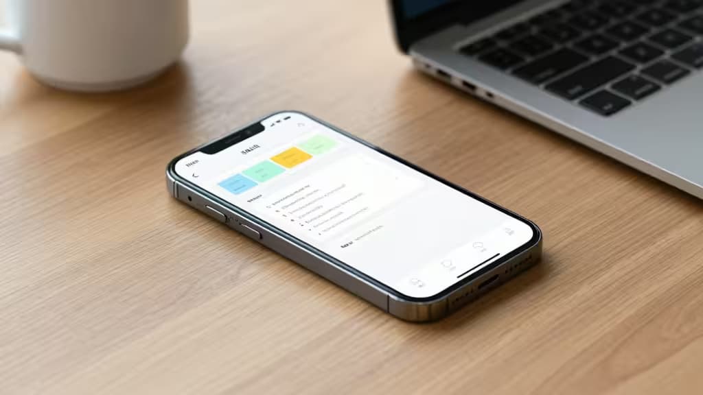 Ein Smartphone auf einem Holztisch zeigt eine Datenbank-App-Oberfläche, daneben ein Laptop und eine Kaffeetasse.