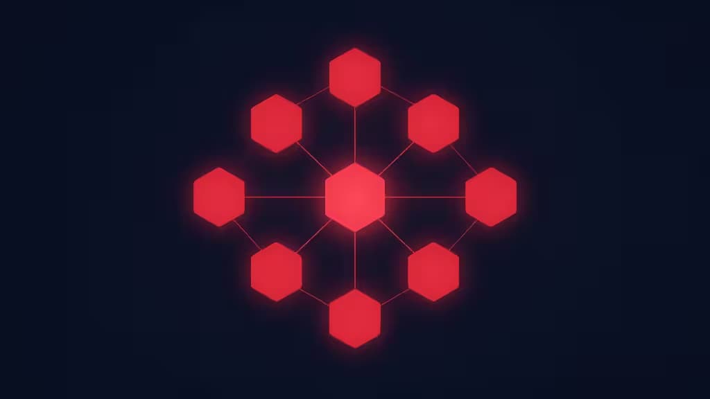 Glowing red hexagonal nodes connect in a network, symbolizing managed Redis hosting providers for small apps under $50/month.