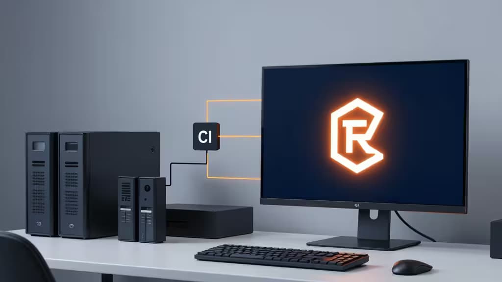 Ein moderner Entwickler-Schreibtisch mit einem Monitor, der das leuchtende Rust-Logo zeigt, verbunden mit Servern über eine CI-Pipeline-Grafik.