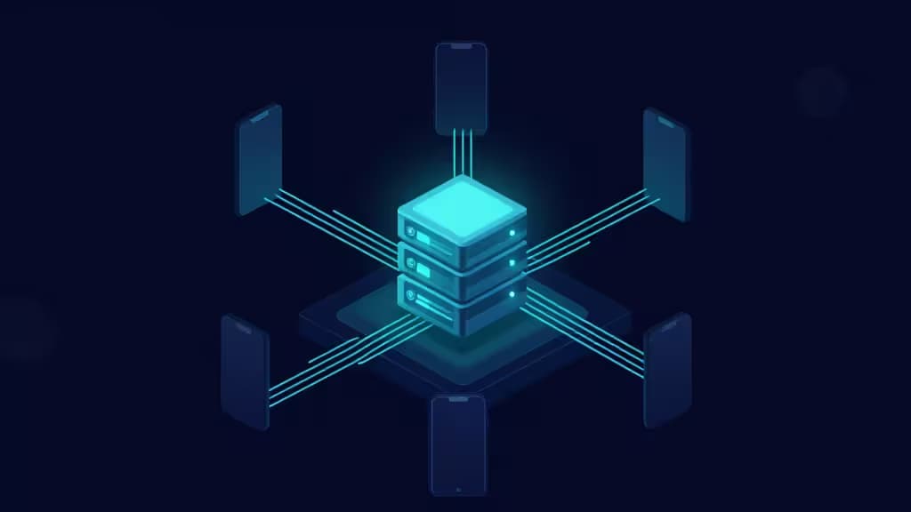 Glowing server stack connects to six surrounding smartphones via luminous data lines on a dark background.