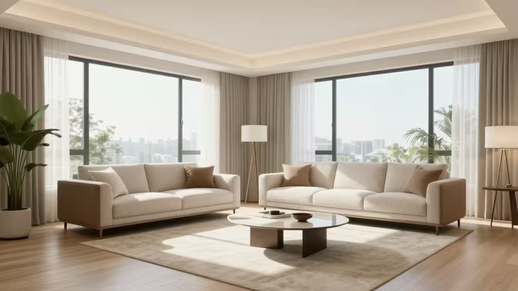 Salon moderne avec canapés beiges, parquet et larges fenêtres offrant une vue sur la ville.