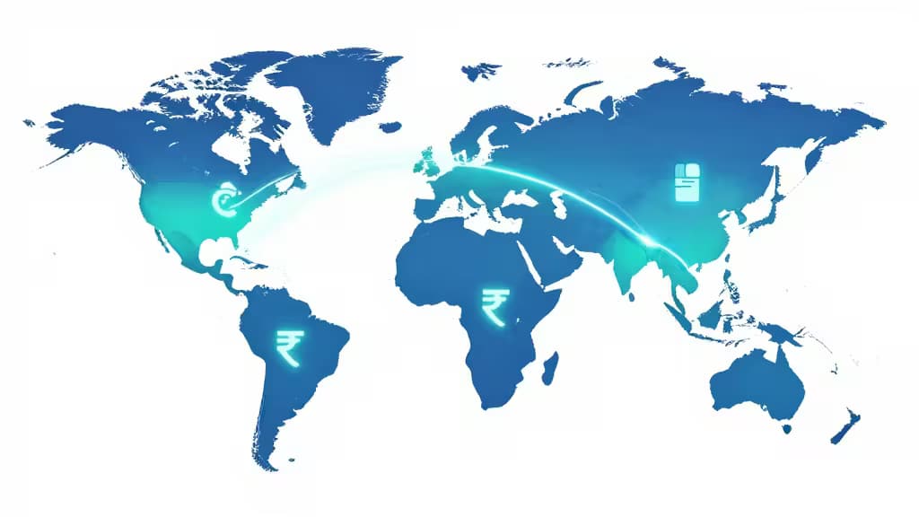 Blue world map shows glowing rupee symbols and a digital transfer line connecting North America to India and the Philippines.