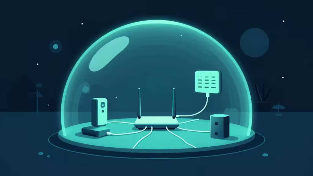Abstrakte Illustration eines modernen Hauses mit leuchtender Schutzkuppel und Netzwerkverbindungen zu Smart-Home-Geräten in Blau- und Türkistönen