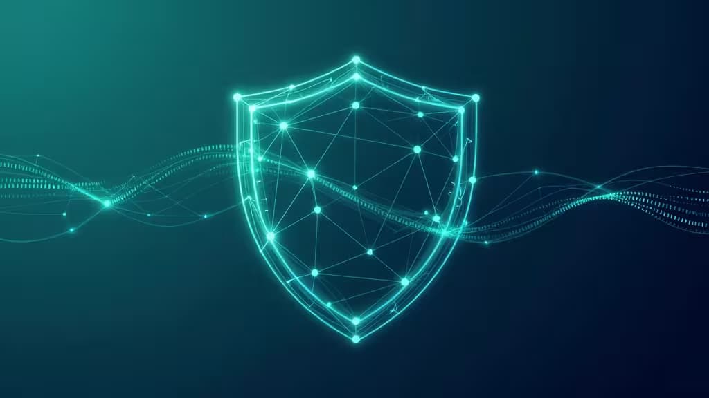Glowing cyan network shield floats on dark teal gradient, symbolizing encrypted AI privacy.