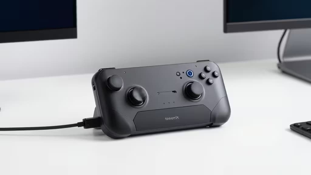 A matte black Steam Deck controller rests on a white desk, connected via USB-C cable.