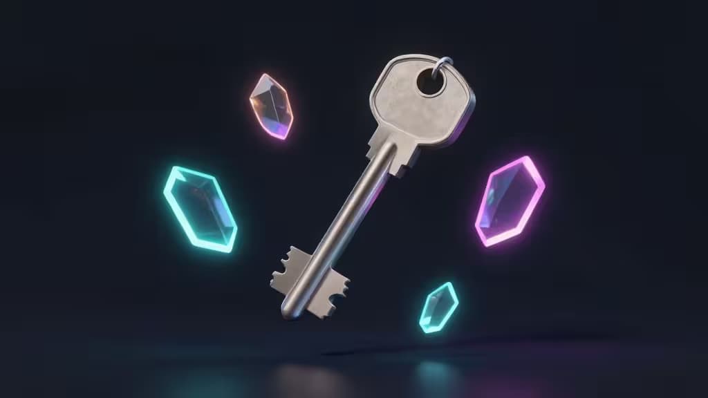 Metallischer Schlüssel schwebt zwischen leuchtenden cyan- und magentafarbenen hexagonalen Scherben vor dunklem Hintergrund.