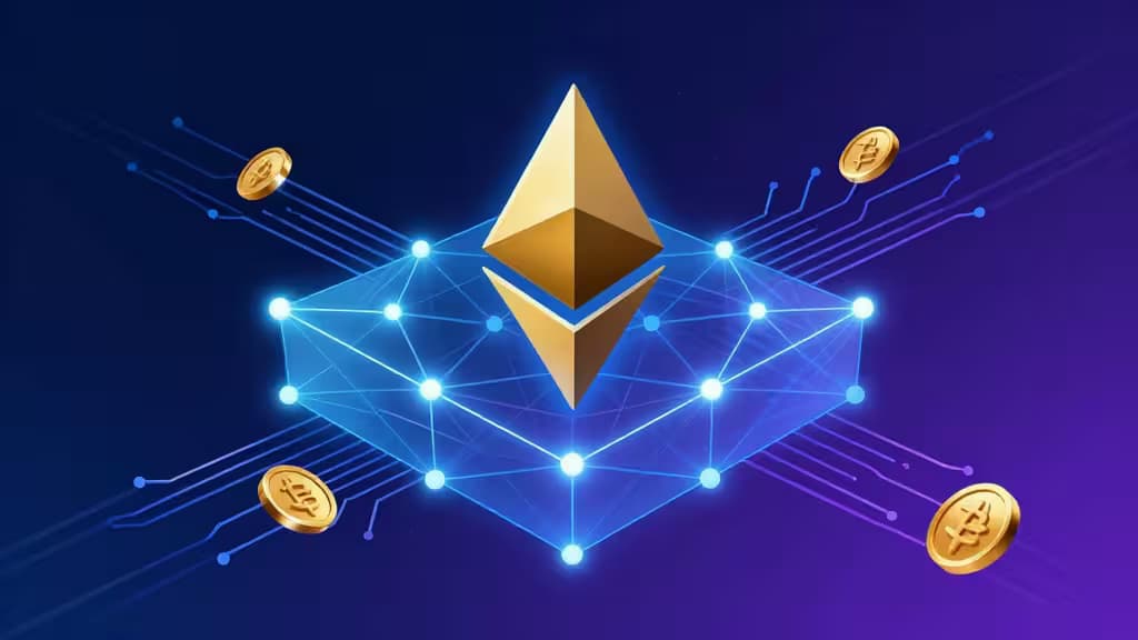 Golden Ethereum logo floats above glowing blue network nodes, surrounded by floating crypto coins on a deep purple digital background.