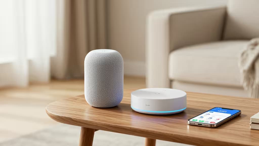 Apple HomePod und HomeKit Hub auf einem Holztisch mit iPhone – smarte Hausautomation im minimalistischen Stil.