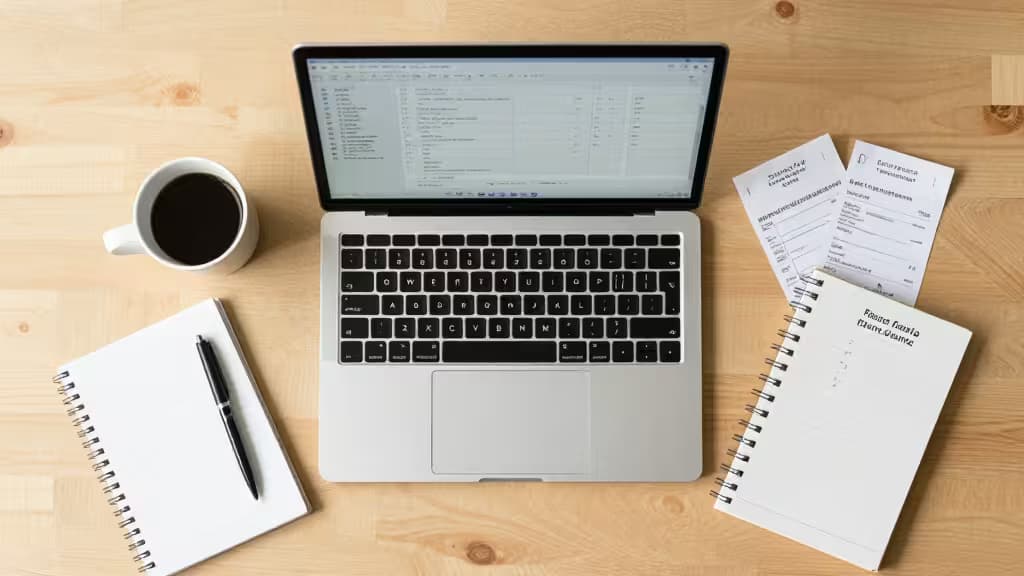 Laptop displays expense software, flanked by notebooks, pen, coffee, and receipts on wooden desk.
