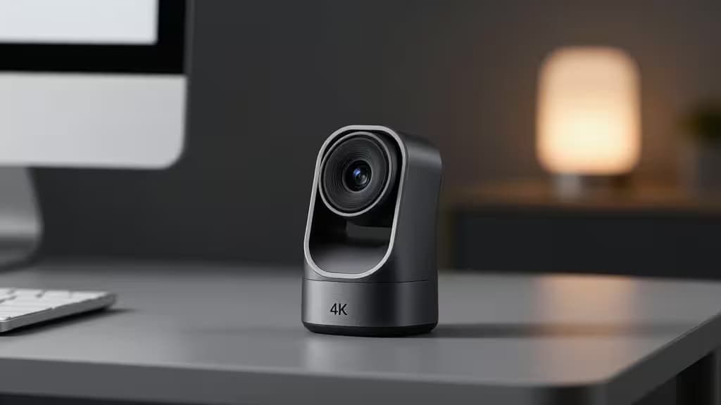 Black 4K webcam with silver trim sits centered on a matte gray desk, flanked by a keyboard and monitor, against a softly lit home office backdrop.