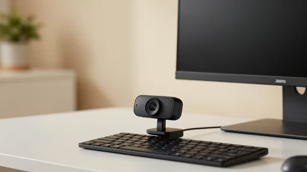 A sleek black USB webcam sits atop a monitor on a minimalist white desk, ready for online teaching.