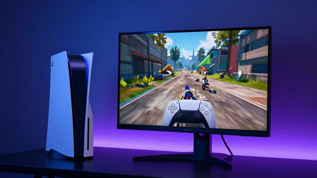 Игровой 4K-монитор с сине-фиолетовой подсветкой и силуэтом консоли PlayStation 5 на тёмном столе