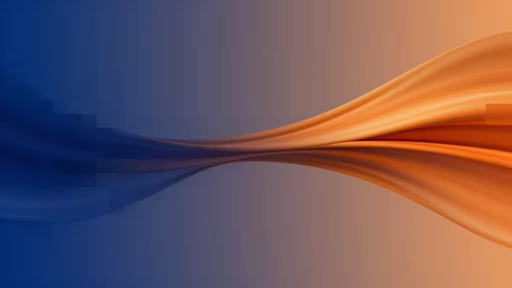Abstract visualisatie van AI-beeldverbetering: een wazig, laagresolutie beeld dat overloopt in een scherp, gedetailleerd beeld met blauwe en oranje tinten.