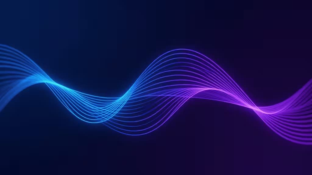 Glowing blue-purple wave lines flow across dark background, symbolizing seamless AI code review integration.