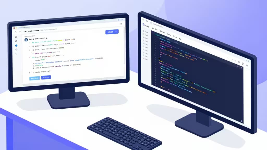 Два монитора с интерфейсами AI-ревью кода на минималистичном рабочем столе разработчика.