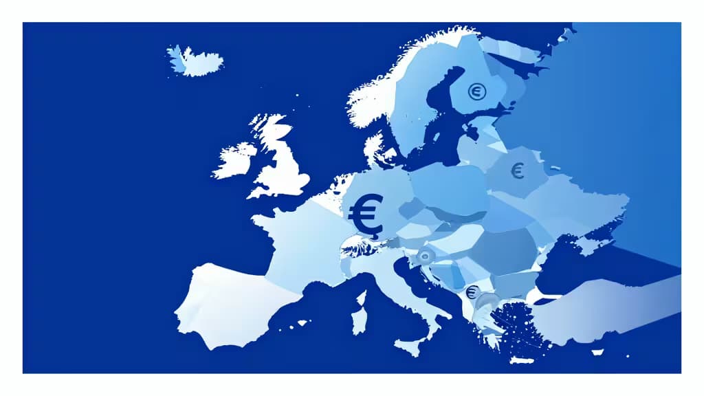 Niebieska geometryczna mapa Europy z rozrzuconymi symbolami euro na jej pofragmentowanych lądach.