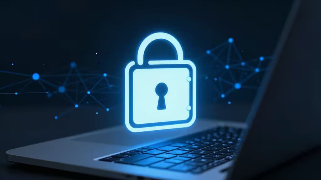 Glowing digital padlock hovers above laptop keyboard, symbolizing secure offline password vault access without internet connection.
