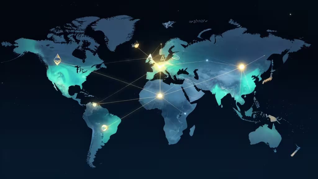 Glowing Ethereum logos connect global cities on a dark blue world map, symbolizing international crypto exchange networks.