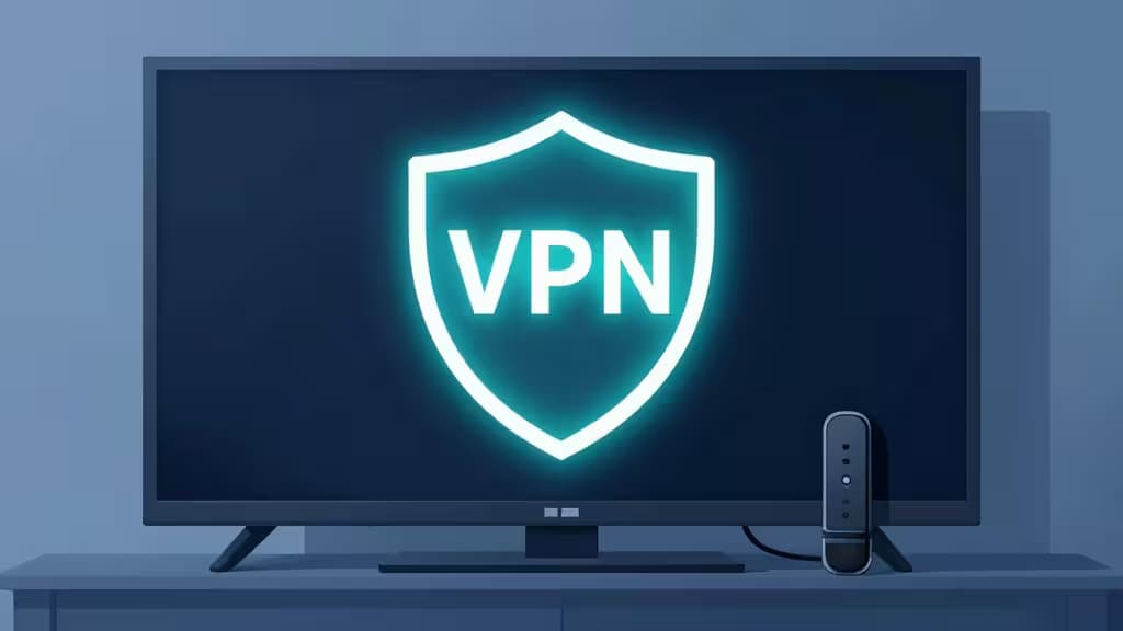 A glowing teal VPN shield hovers over a dark TV screen beside a Fire TV Stick on a blue console.