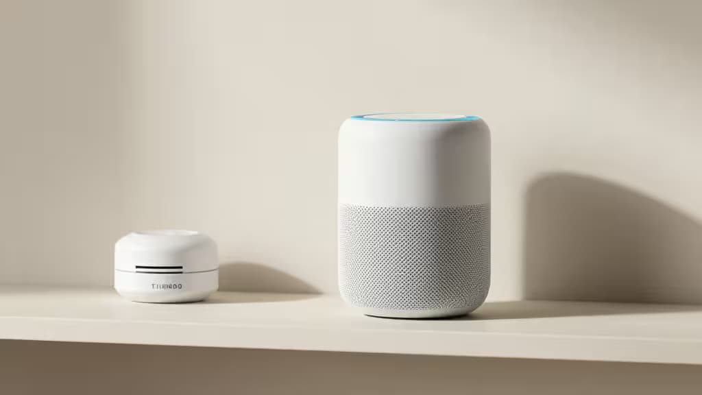 White Google Nest smoke detector sits beside a white fabric smart speaker on a minimalist shelf.