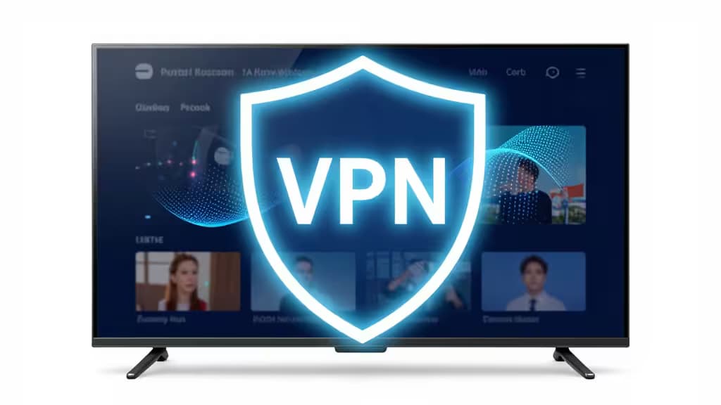 Голубой щит VPN на экране Smart TV с интерфейсом стриминга, символ безопасного просмотра