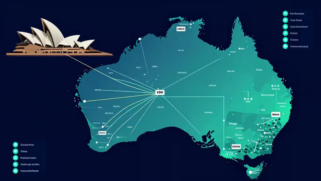 A stylized map of Australia with Sydney Opera House and VPN connection lines.