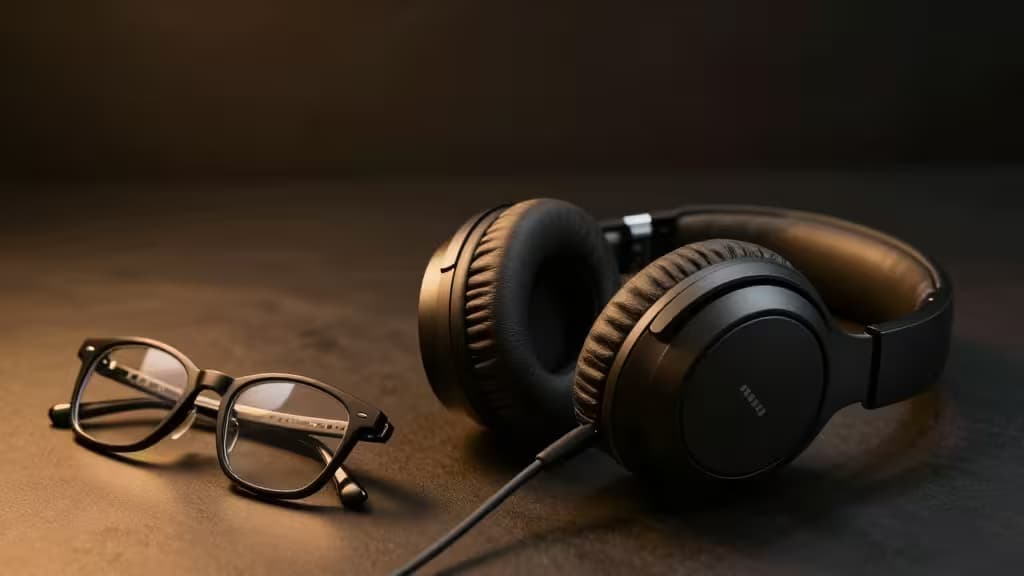 Black over-ear gaming headphones rest beside wire-rimmed eyeglasses on a dark wooden desk, illuminated by warm side lighting.