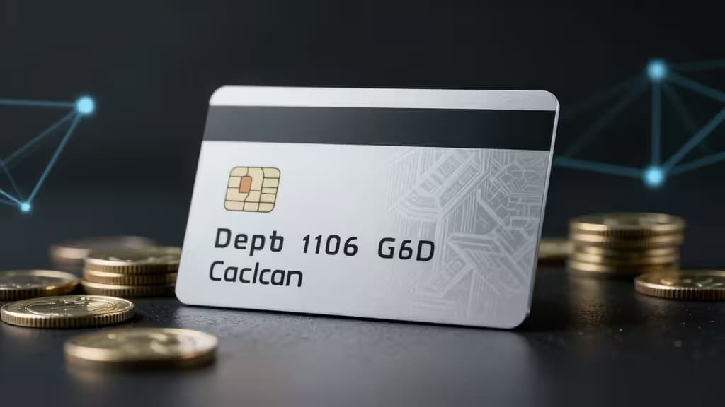 Eine weiße Krypto-Debitkarte mit Chip und Schriftzug liegt auf Münzen, umgeben von leuchtenden Netzwerklinien.
