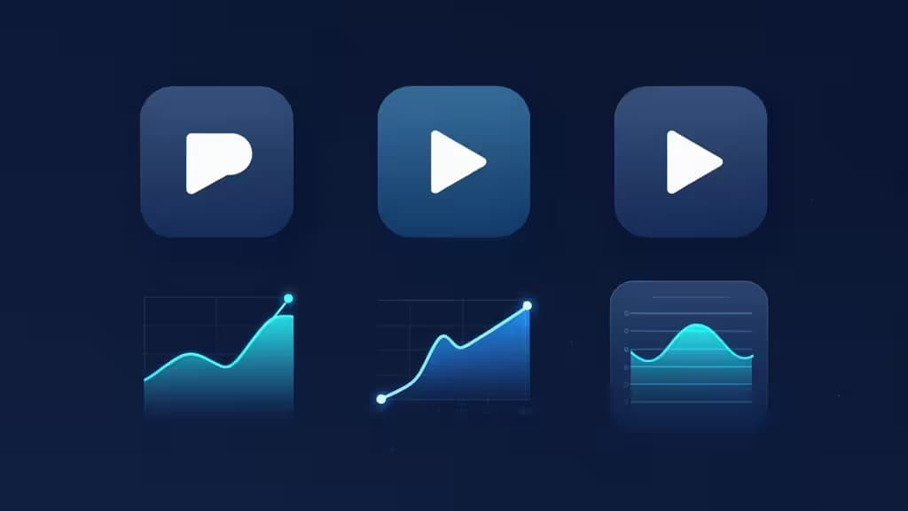Six icônes bleues lumineuses avec boutons de lecture et graphiques de données sur fond sombre, illustrant les outils de démonstration interactive par IA.