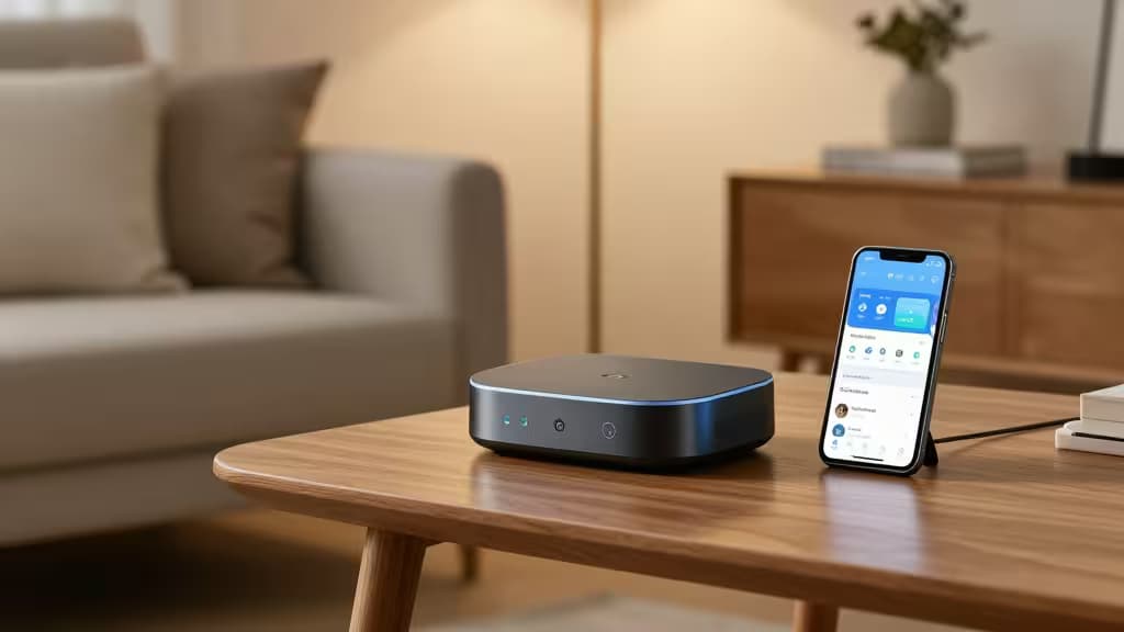 Um hub Samsung SmartThings preto e elegante sobre uma mesa de centro de madeira ao lado de um smartphone exibindo o aplicativo da plataforma