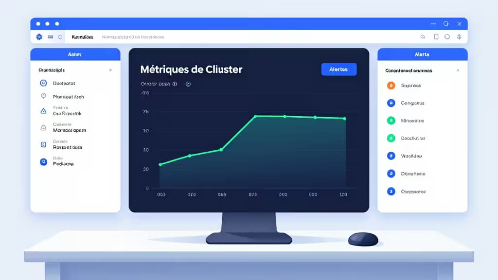 Un écran de monitoring Kubernetes affiche des métriques de cluster en temps réel avec des graphiques colorés et des panneaux d'alerte.