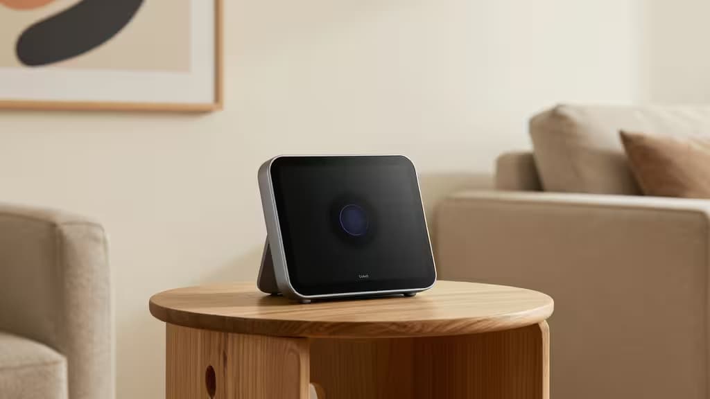Un Google Nest Hub Max posé sur une table d'appoint en bois dans un salon moderne et épuré.