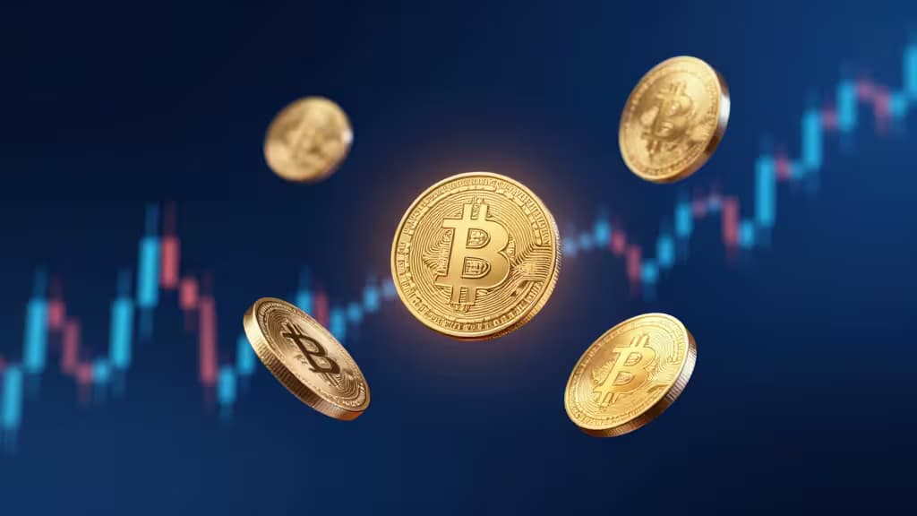 Ilustração abstrata de moedas de criptomoeda e gráficos de candlestick de ETFs sobre um fundo azul escuro em gradiente.