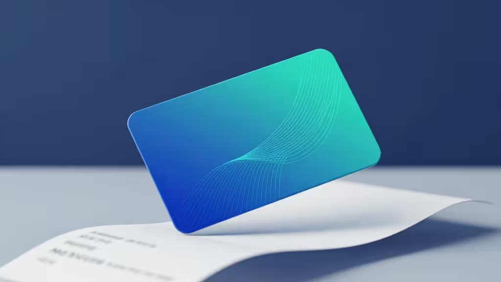 A blue-green fintech card hovers above a receipt, symbolizing automated expense tracking for startups.