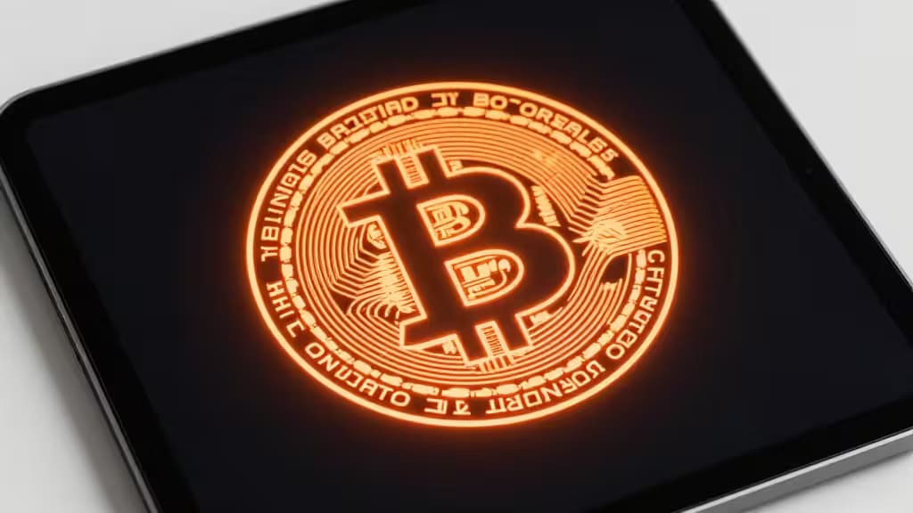 Glowing Bitcoin Ordinals logo on tablet screen, symbolizing digital asset trading platforms.