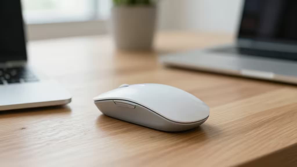 Elegancka biała ergonomiczna mysz pionowa spoczywa na jasnym drewnianym biurku obok laptopów.