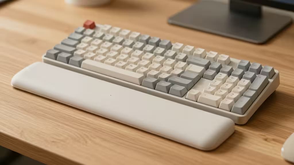 Un repose-poignets en mousse mémoire blanc posé à côté d'un clavier mécanique gris et blanc sur un bureau en bois.