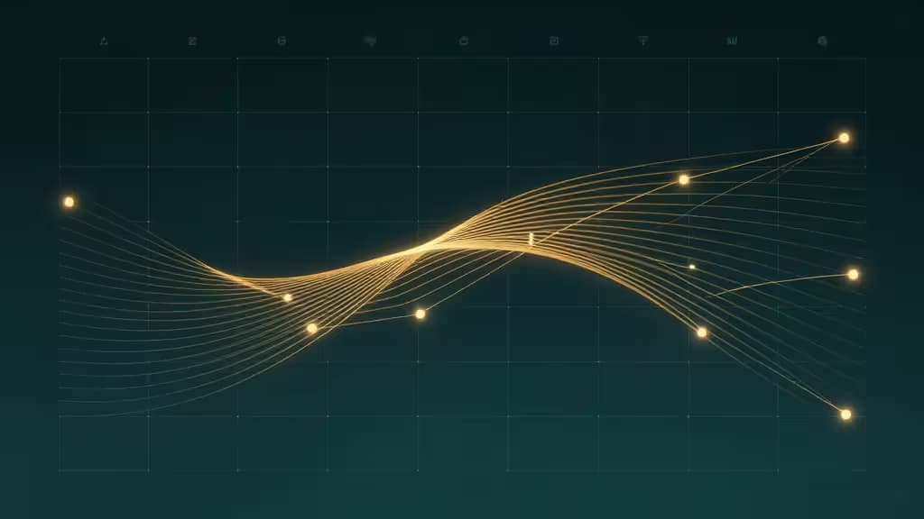 Ilustración abstracta de un panel de programación de tareas con nodos conectados por líneas sobre una cuadrícula de calendario, en tonos teal y ámbar