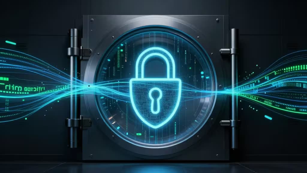 Glowing padlock icon centered on vault door, flanked by data streams, symbolizing secure API key management.