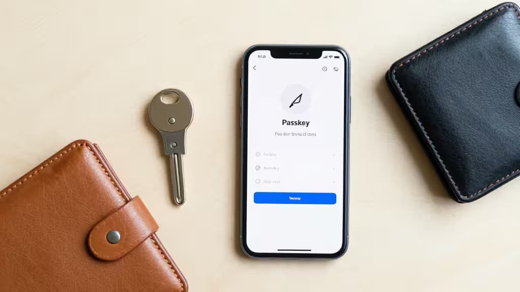 Smartphone displays Passkey interface, flanked by leather wallets and a physical key on a light surface.
