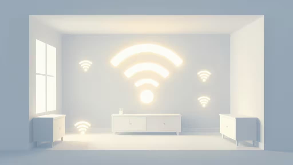 Glowing WiFi symbolen verlichten een minimalistische witte kamer met strak meubilair, symbool voor naadloze netwerkdekking in huis.