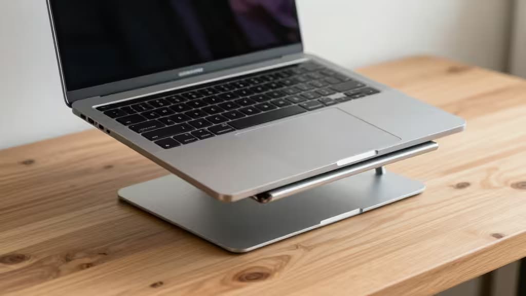 Silver aluminum stand elevates MacBook on light wood desk, showcasing sleek design and ergonomic lift.