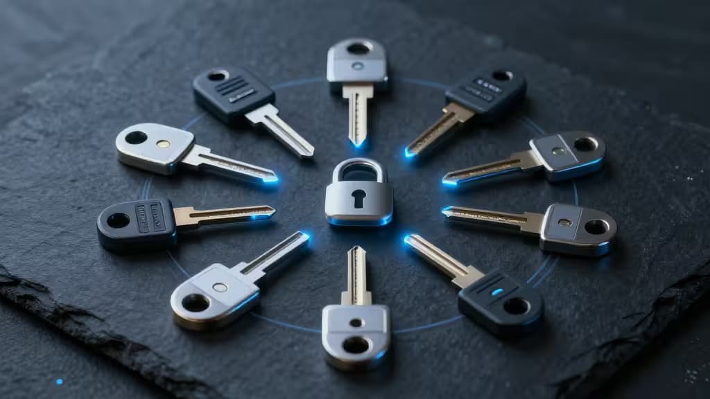Meerdere hardware-beveiligingsapparaten verbonden door glinsterende cryptografische handtekeninglijnen op een donker leisteenoppervlak
